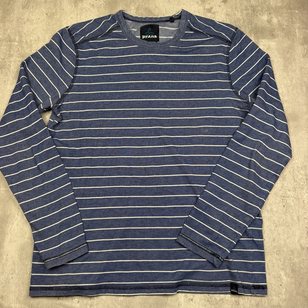 Prana Mens Small Shirt Keller Organic Cotton Blend Striped Crew Neck Long Sleeve